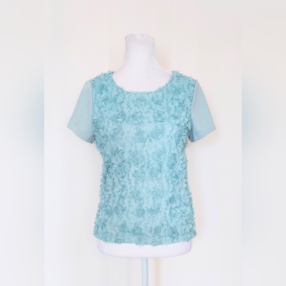 LC Lauren Conrad Chiffon Rosette Short Sleeve Top Shirt Blue Size XS